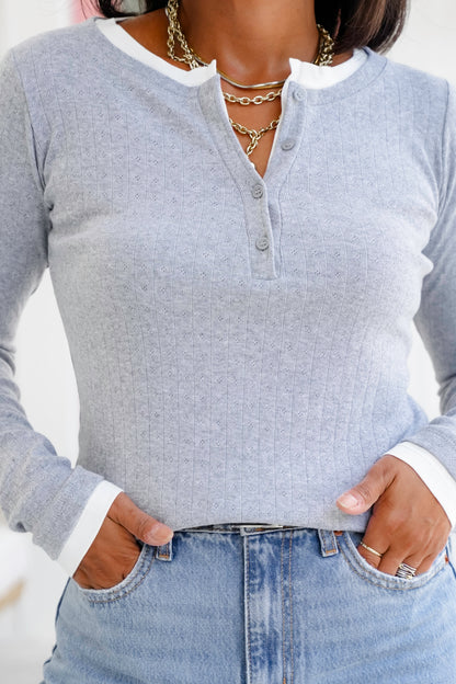 Ribbed Knit Long Sleeve Button Up Layered Top