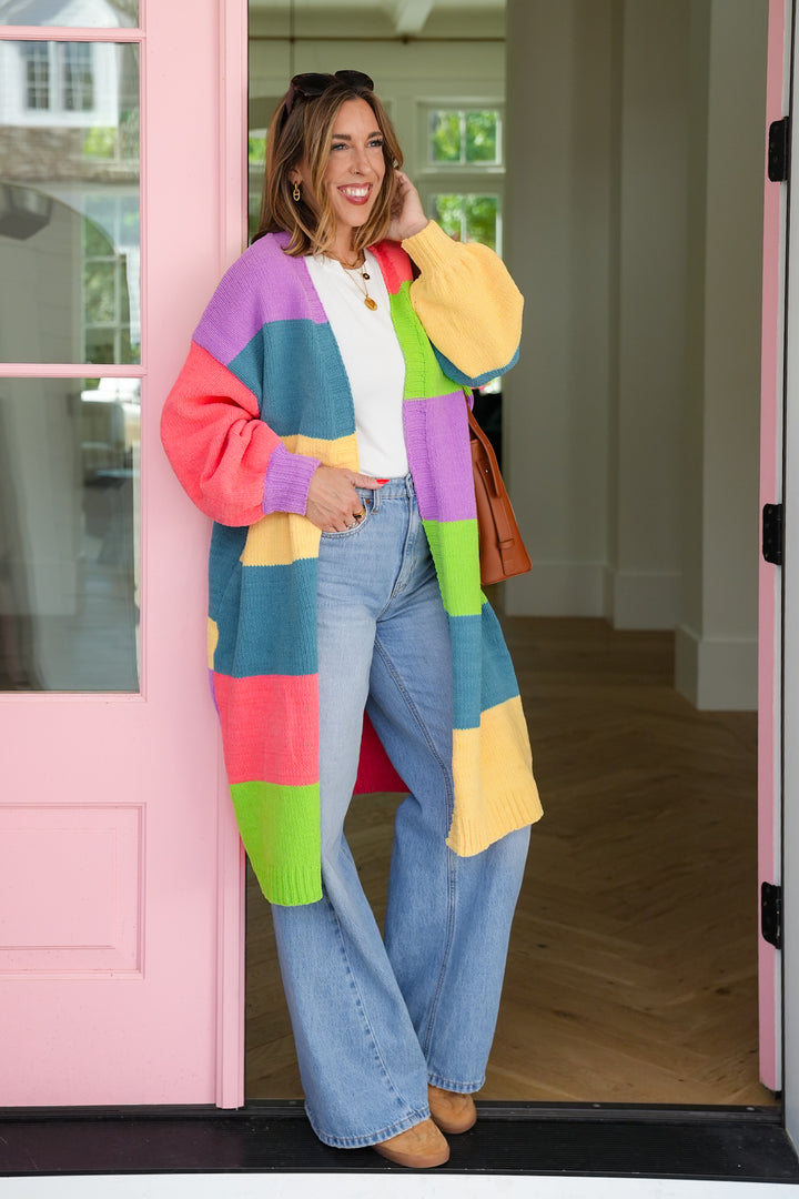 POL Stripe Color Block Long Sleeve Open Cardigan