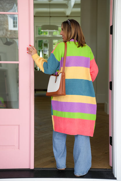 POL Stripe Color Block Long Sleeve Open Cardigan