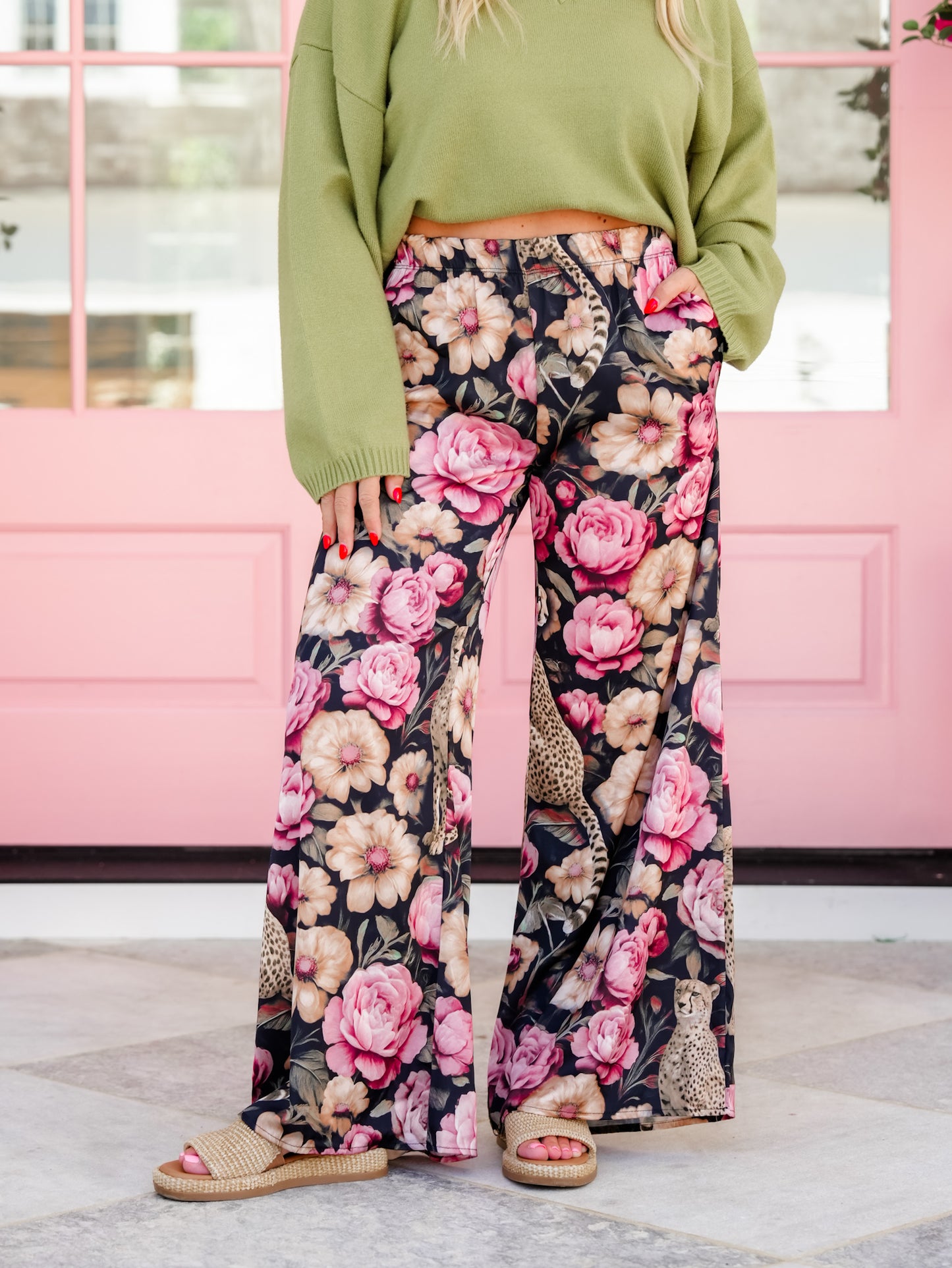 Plus/Reg Floral Cheetah Print Elastic Waist Palazzo Pants