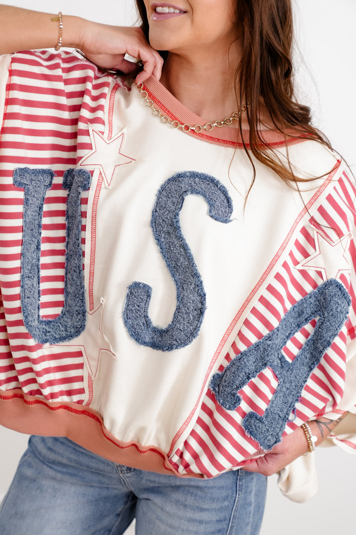 Color Block and Stripe 3/4 Sleeve Top with Denim "USA" Patchwork Detail