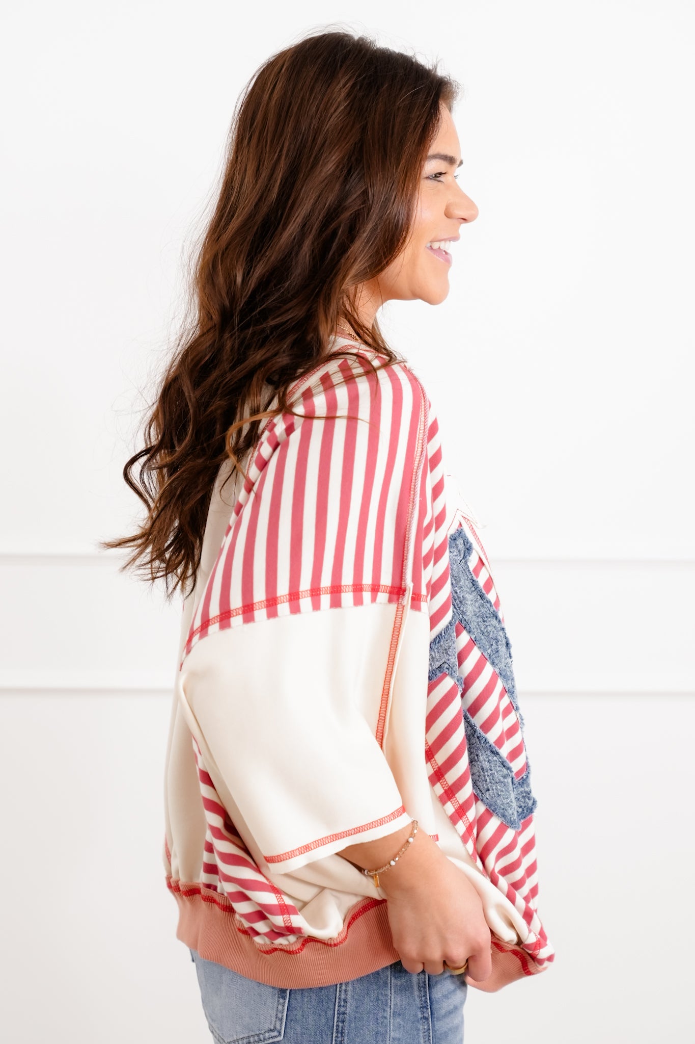 Color Block and Stripe 3/4 Sleeve Top with Denim "USA" Patchwork Detail