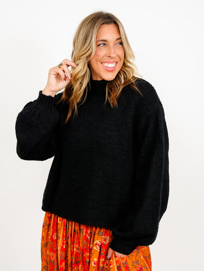 POL Long Balloon Sleeve Mock Neck Knit Sweater