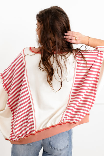 Color Block and Stripe 3/4 Sleeve Top with Denim "USA" Patchwork Detail