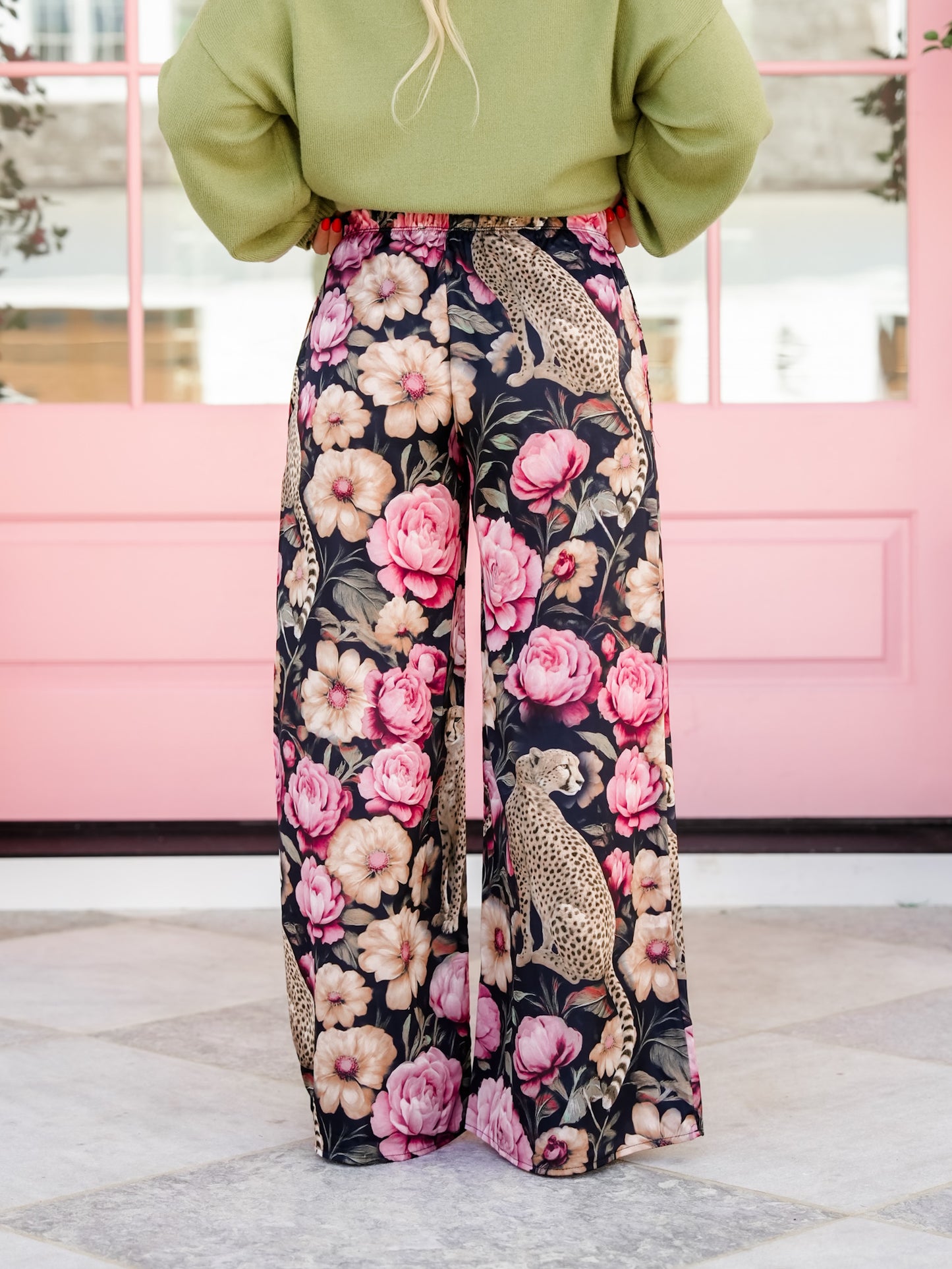 Plus/Reg Floral Cheetah Print Elastic Waist Palazzo Pants