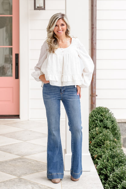 Long Sleeve Button Down Ruffled Hem Blouse