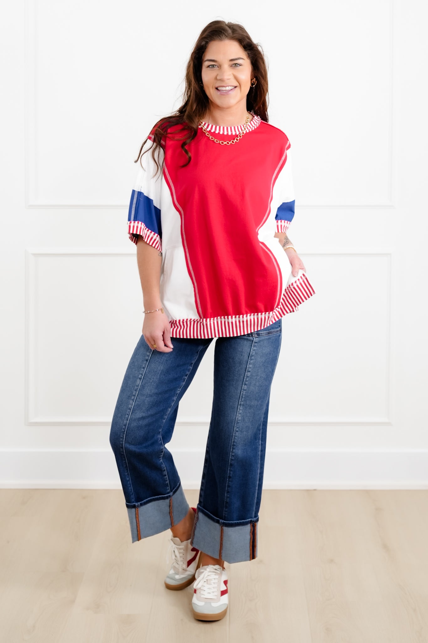 Color Block Short Sleeve French Terry Top with Stripe Detail