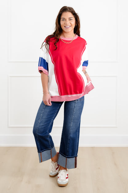 Color Block Short Sleeve French Terry Top with Stripe Detail