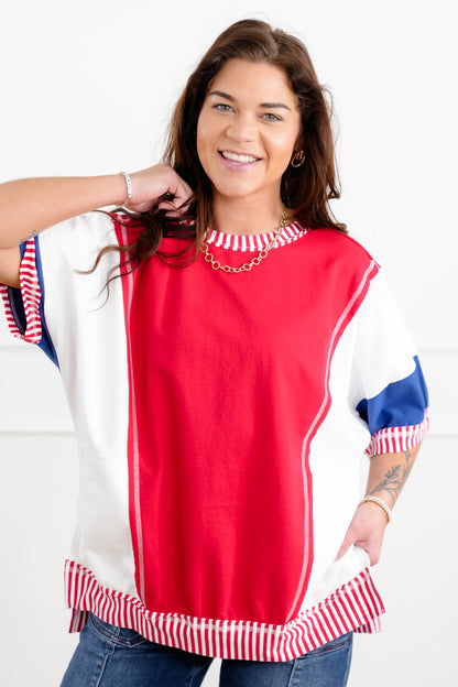 Color Block Short Sleeve French Terry Top with Stripe Detail