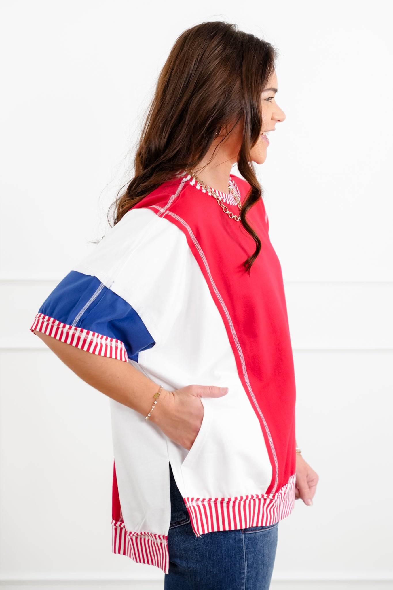 Color Block Short Sleeve French Terry Top with Stripe Detail