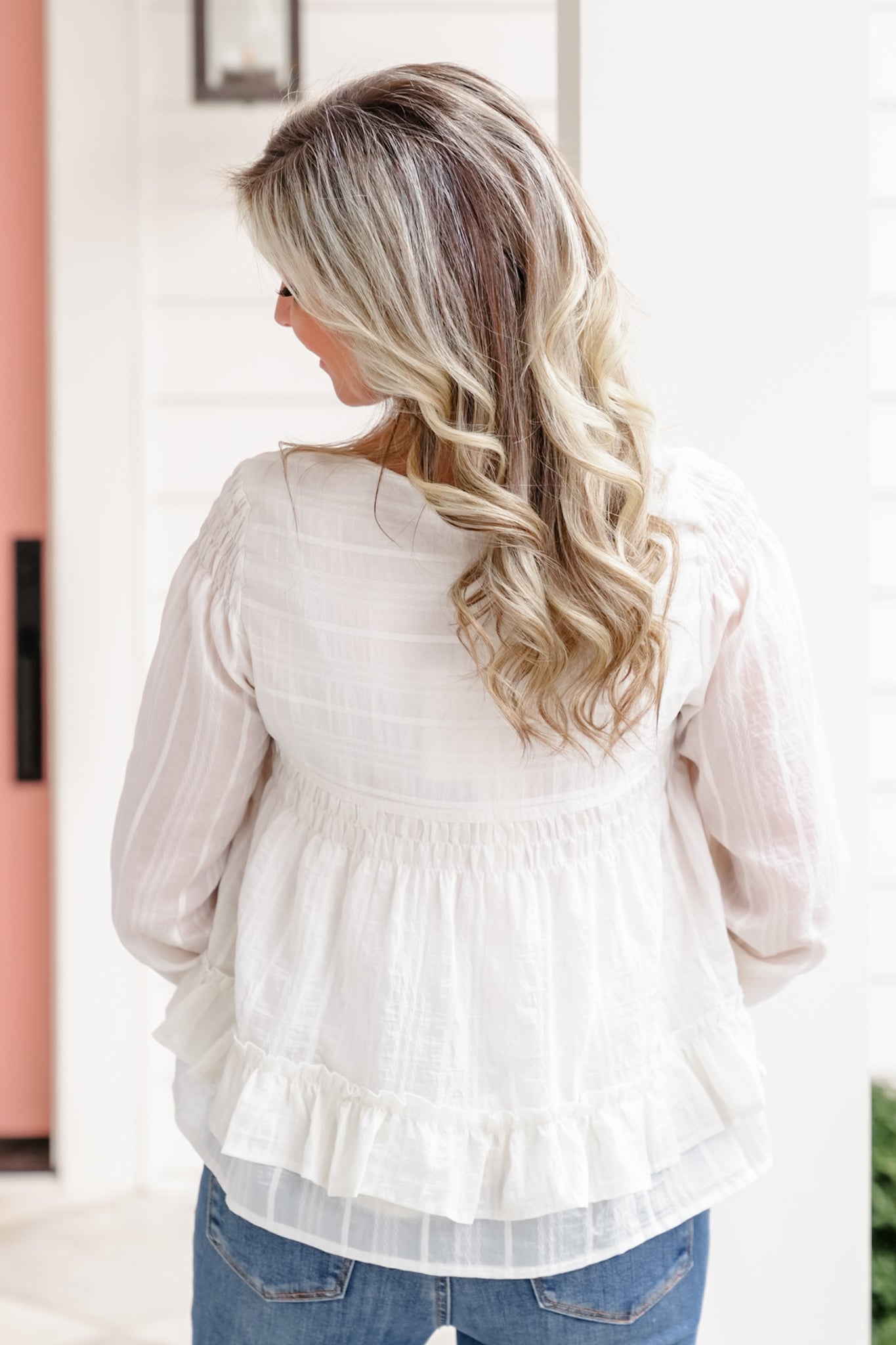 Long Sleeve Button Down Ruffled Hem Blouse