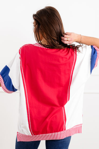 Color Block Short Sleeve French Terry Top with Stripe Detail