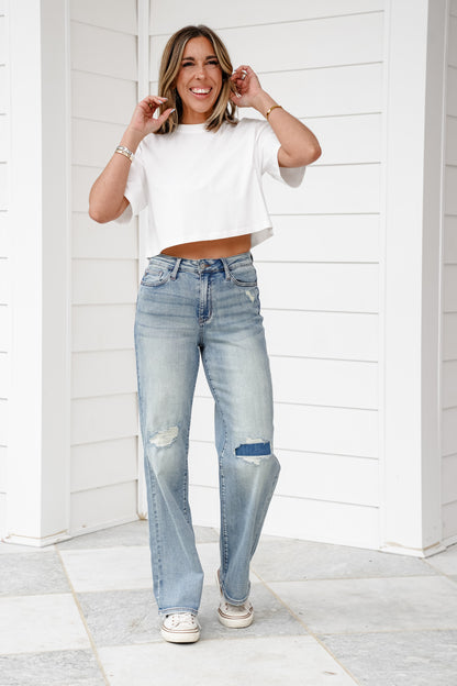 Judy Blue High Rise Medium Wash Distressed Straight Leg Jeans with Knee Patches