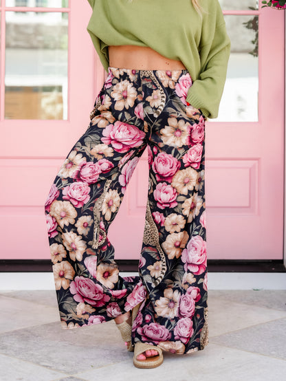 Plus/Reg Floral Cheetah Print Elastic Waist Palazzo Pants