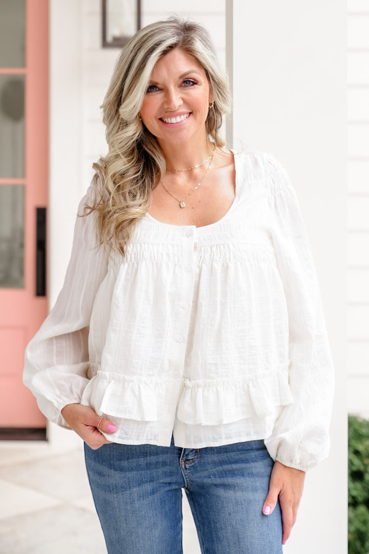 Long Sleeve Button Down Ruffled Hem Blouse