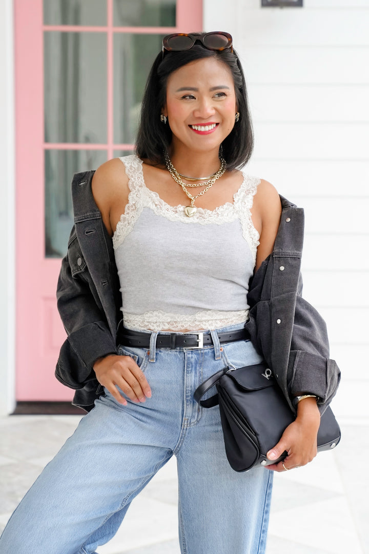 Knit Cropped Tank Top with Lace Detail