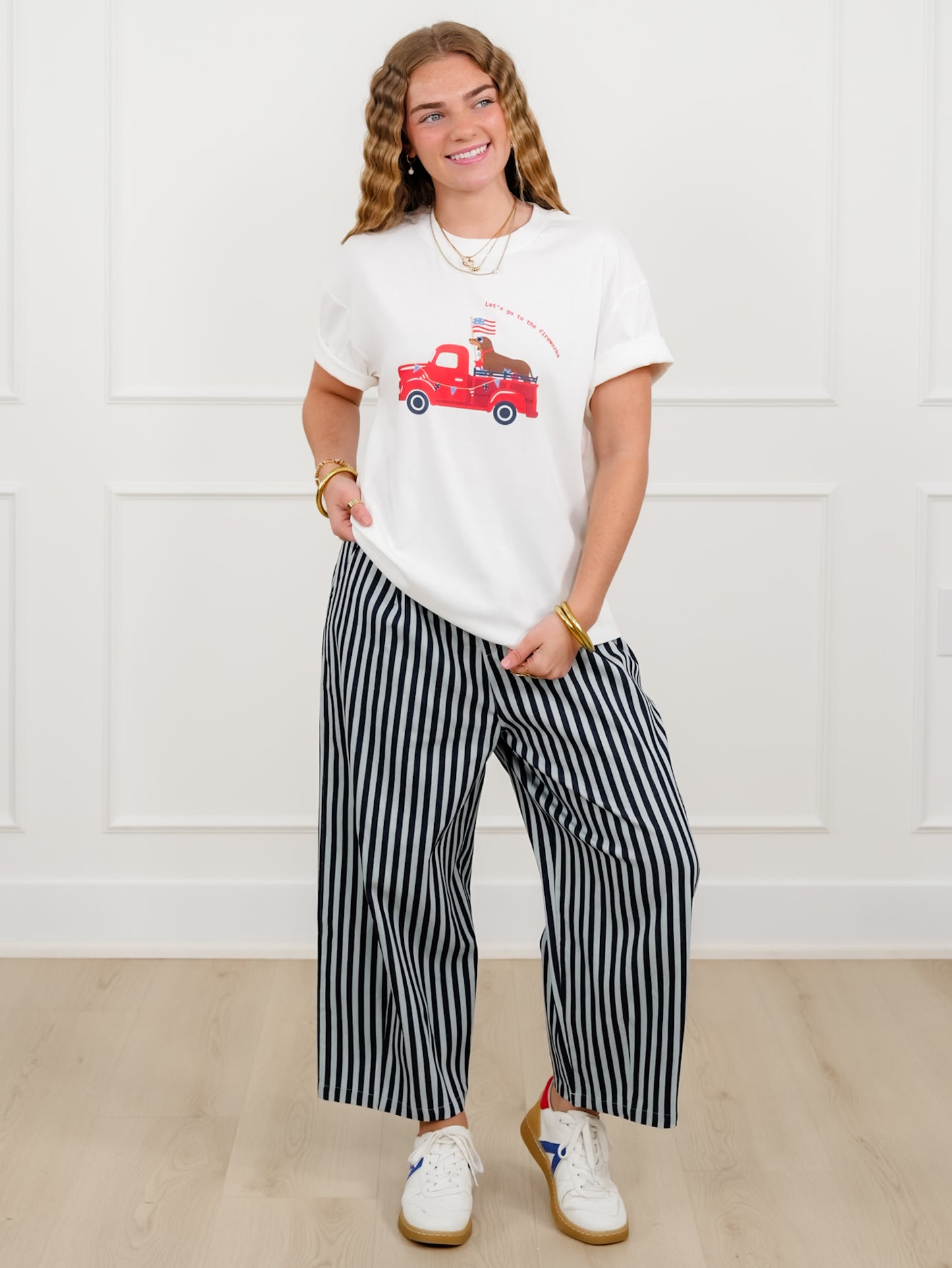 Navy Blue Stripe Elastic Waist Wide Leg Cropped Pants