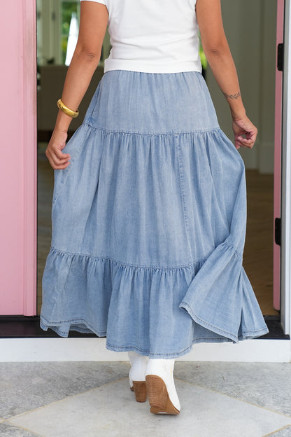 Light Wash Elastic Waist Tiered Maxi Skirt