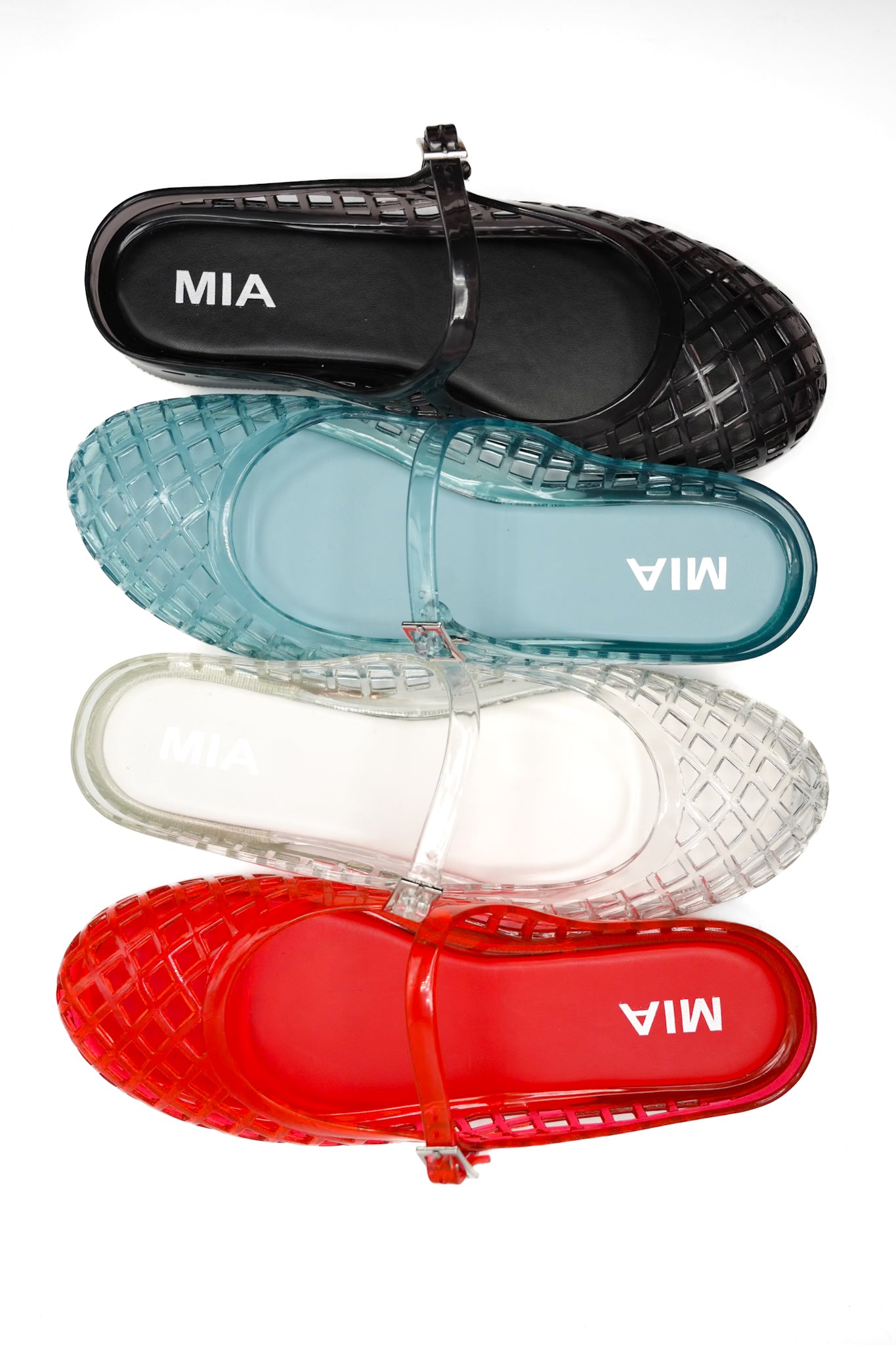 MIA Glossy Jelly Cage Flats with Buckle Strap