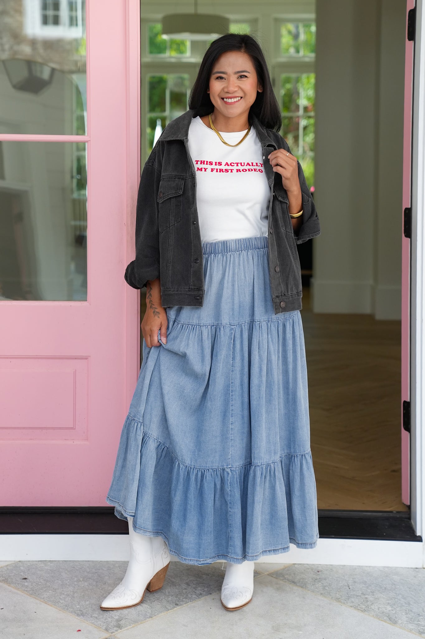 Light Wash Elastic Waist Tiered Maxi Skirt