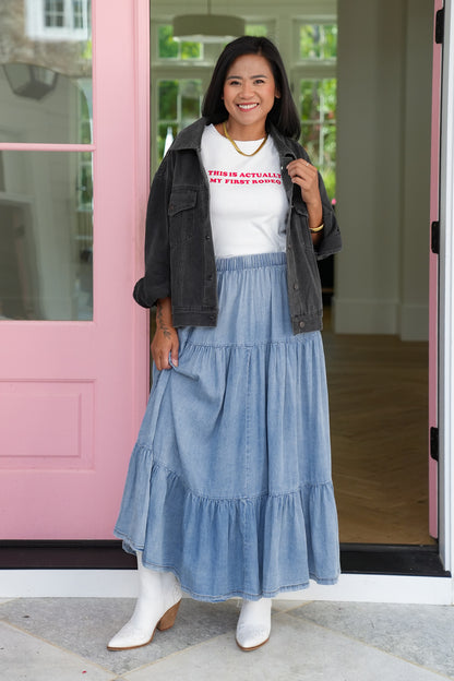 Light Wash Elastic Waist Tiered Maxi Skirt