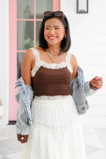 Knit Cropped Tank Top with Lace Detail