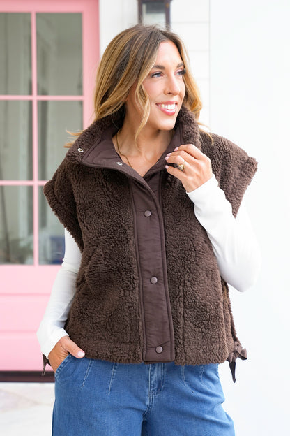 Sherpa Snap Button Down Vest with Side Ties