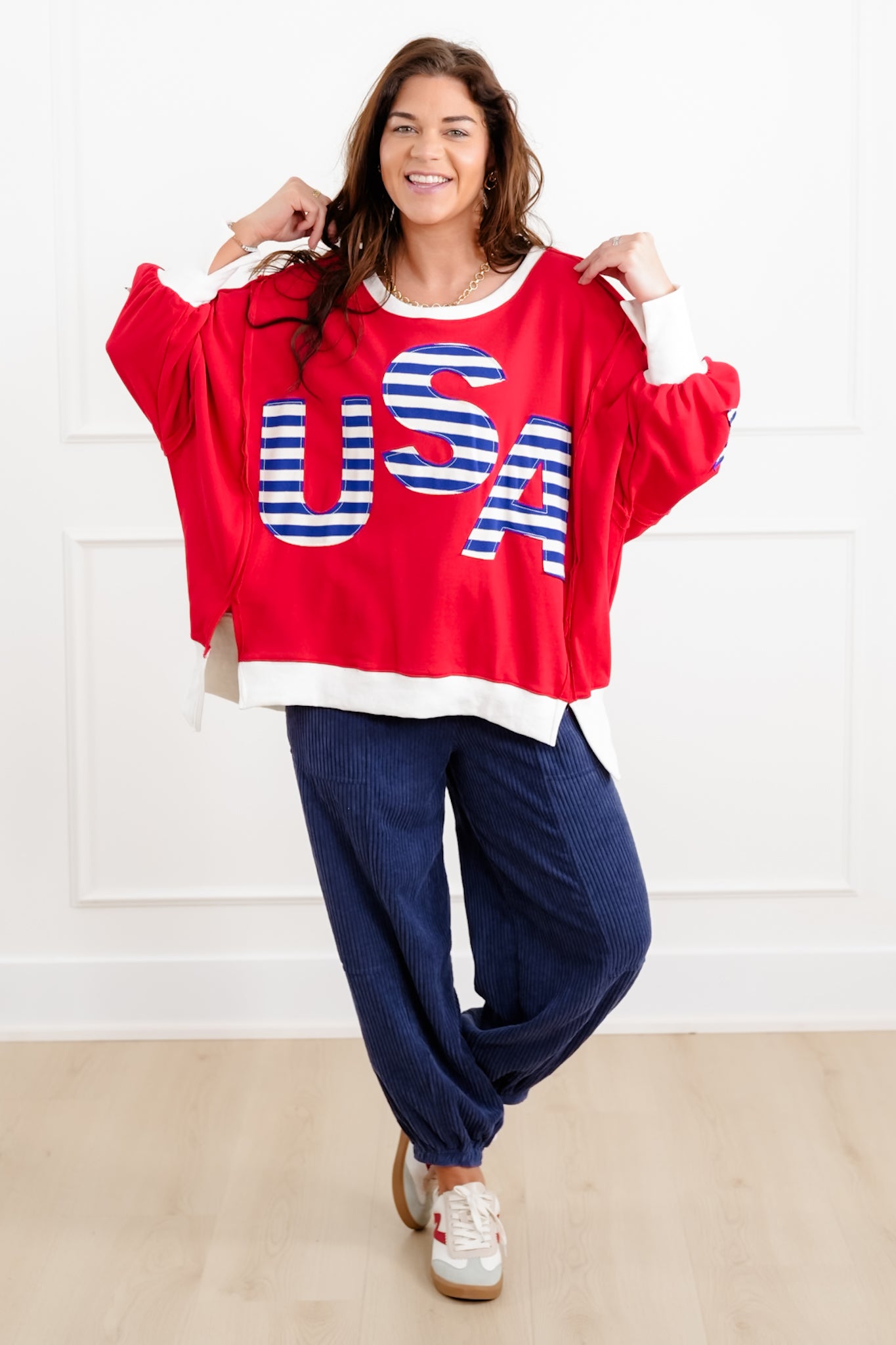 Long Sleeve French Terry Top with "USA" Patchwork Detail