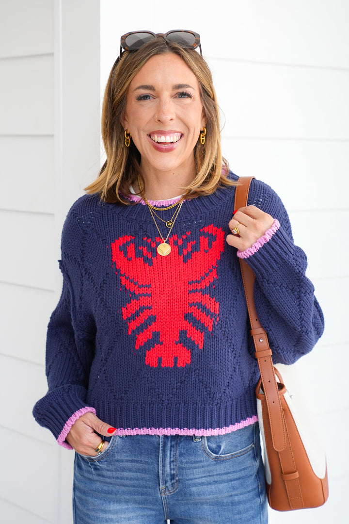 Lobster Knit Long Sleeve Cropped Pullover Sweater