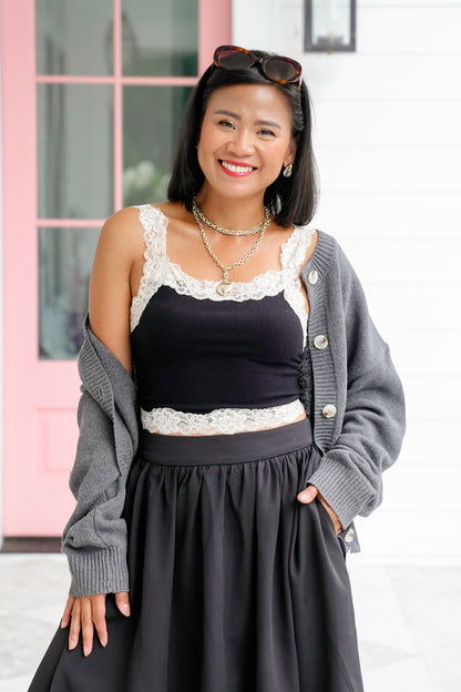 Knit Cropped Tank Top with Lace Detail