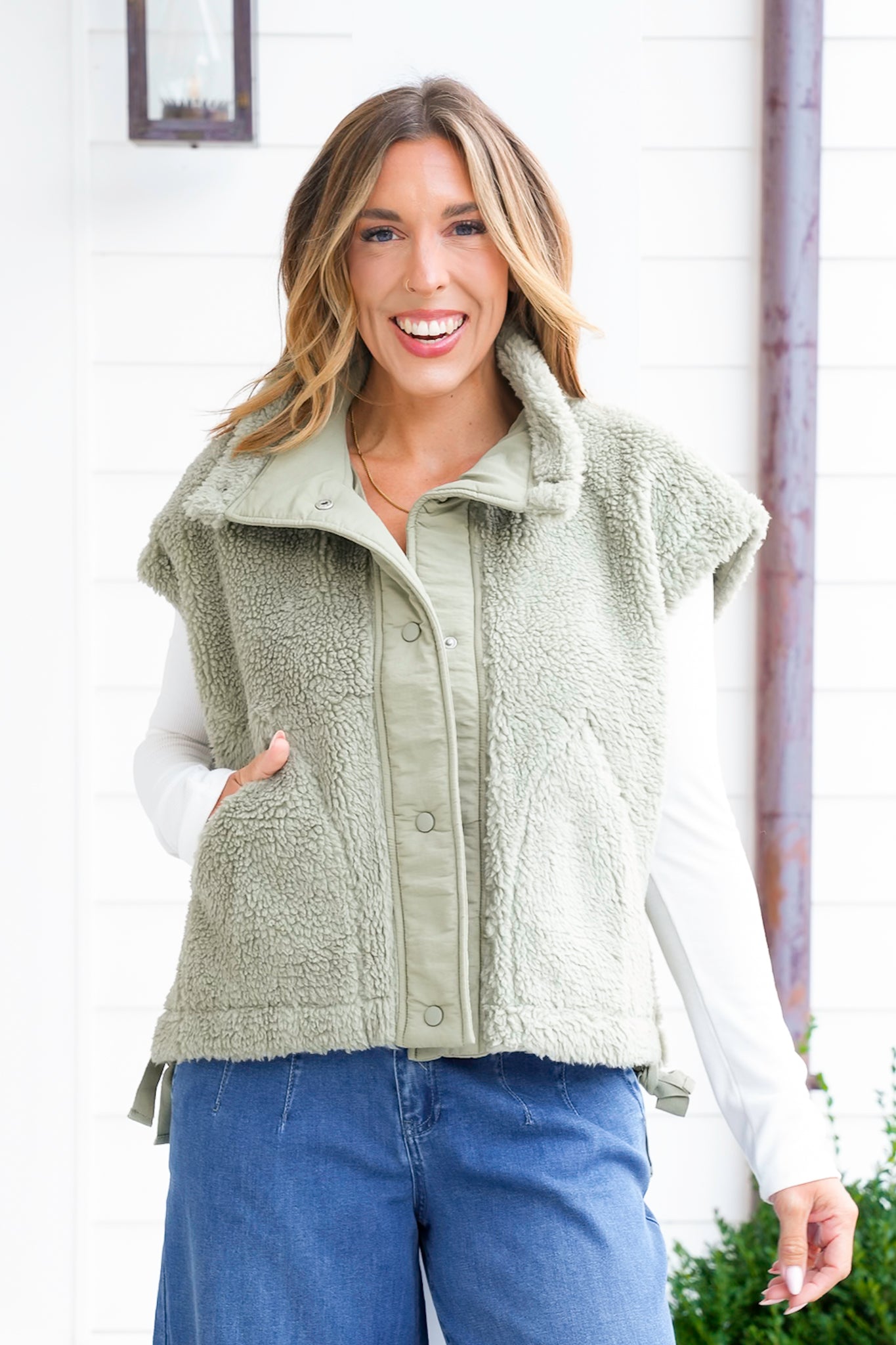 Sherpa Snap Button Down Vest with Side Ties