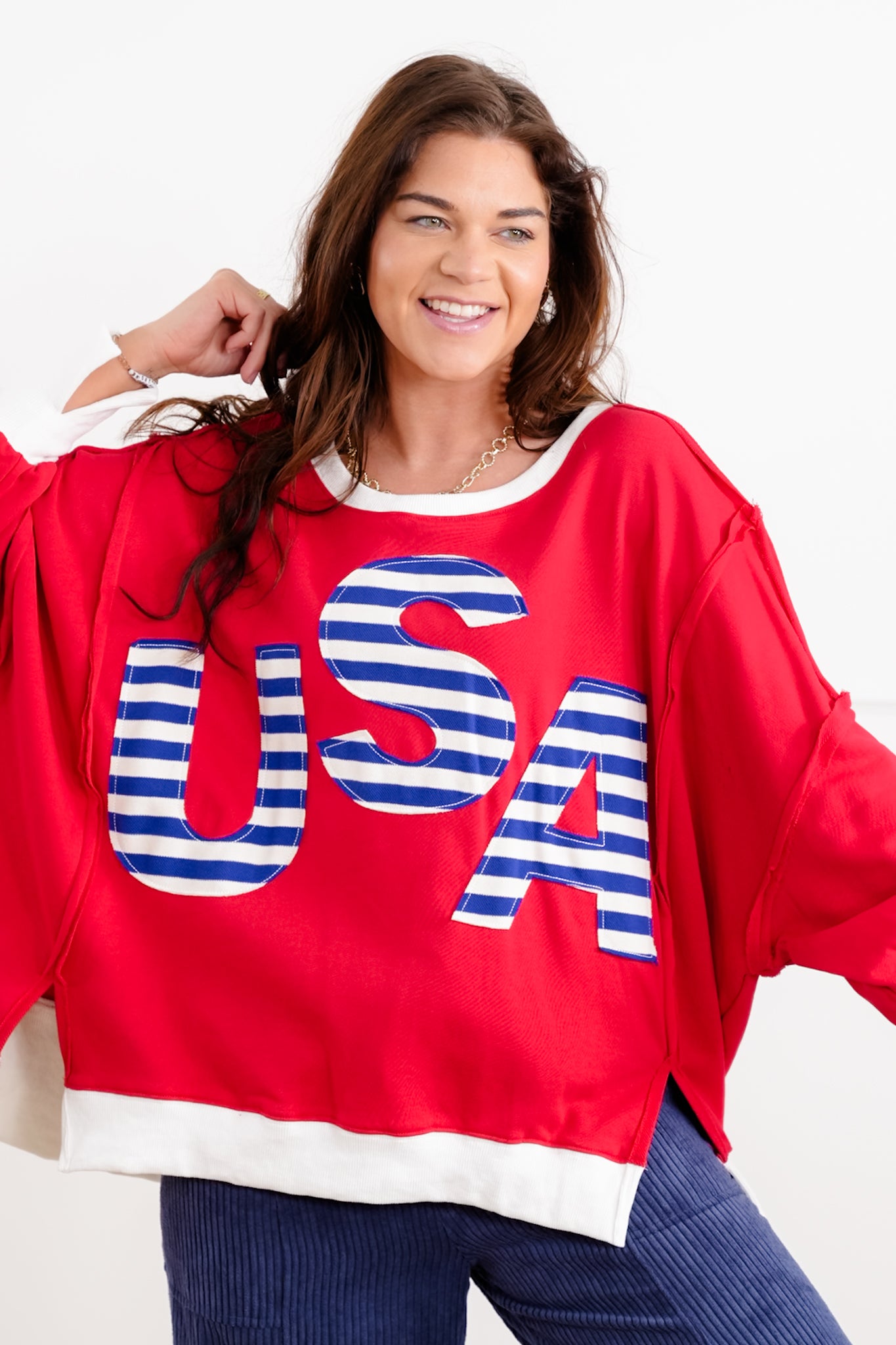 Long Sleeve French Terry Top with "USA" Patchwork Detail