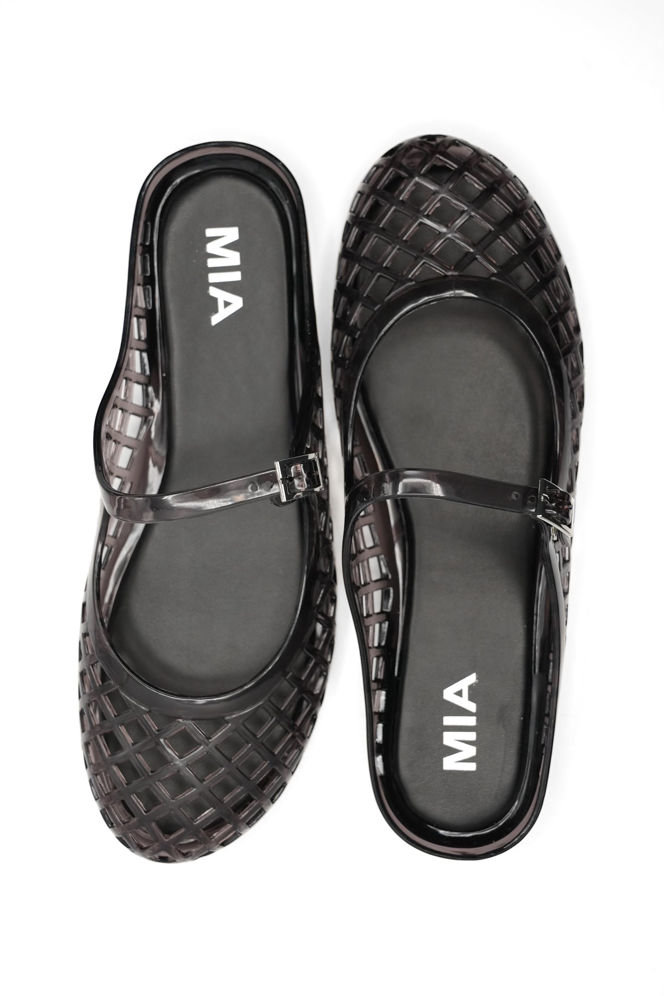 MIA Glossy Jelly Cage Flats with Buckle Strap