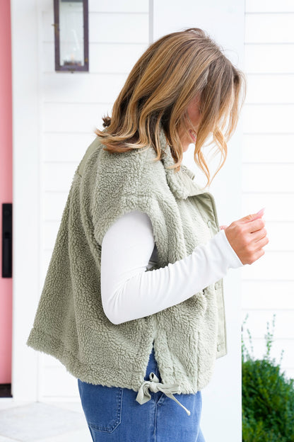 Sherpa Snap Button Down Vest with Side Ties