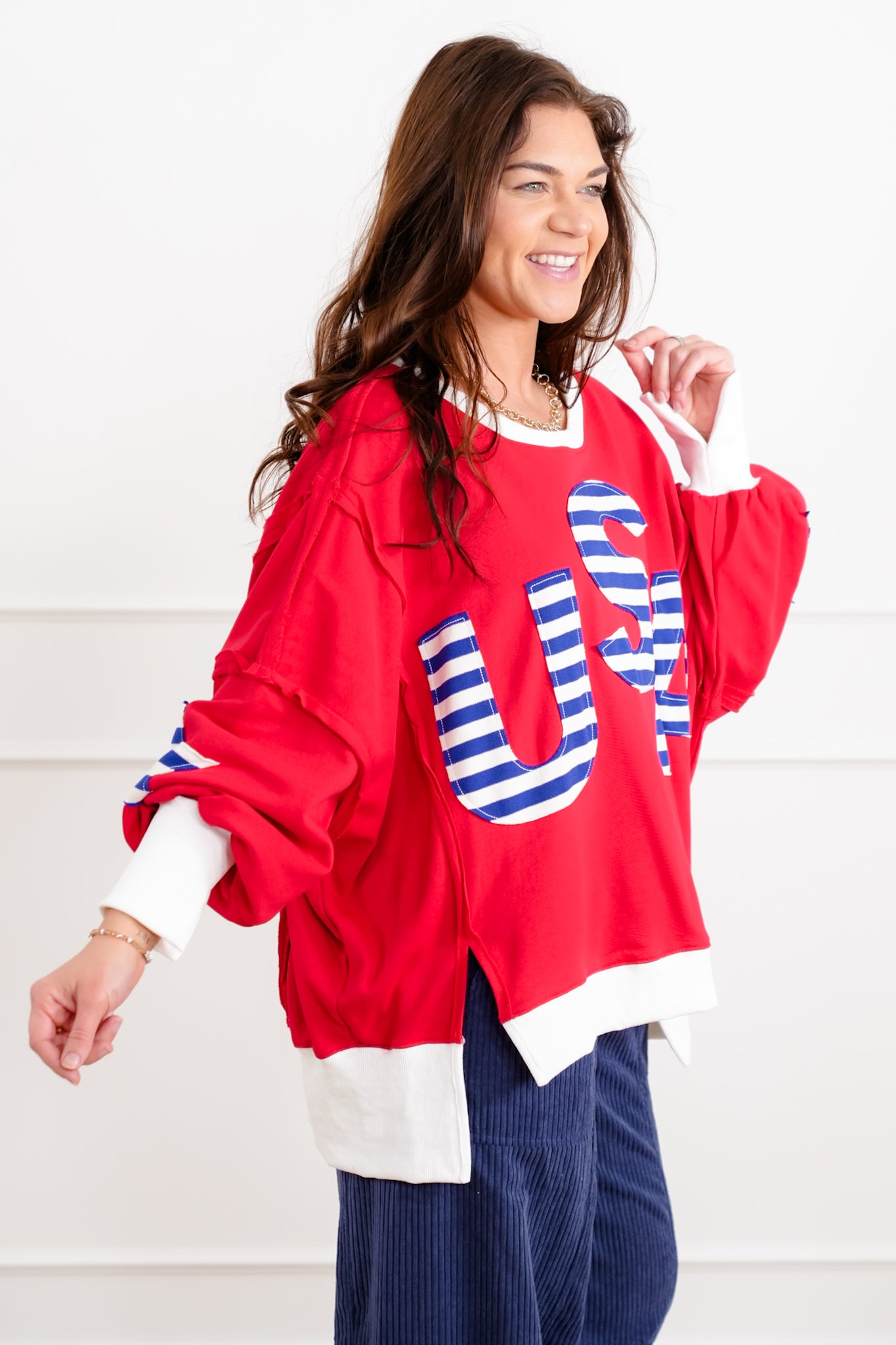 Long Sleeve French Terry Top with "USA" Patchwork Detail