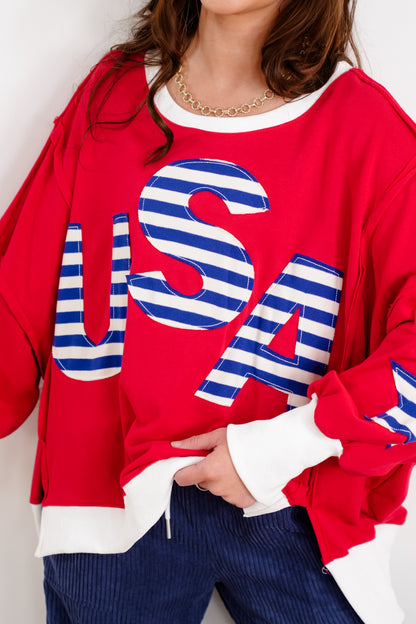 Long Sleeve French Terry Top with "USA" Patchwork Detail