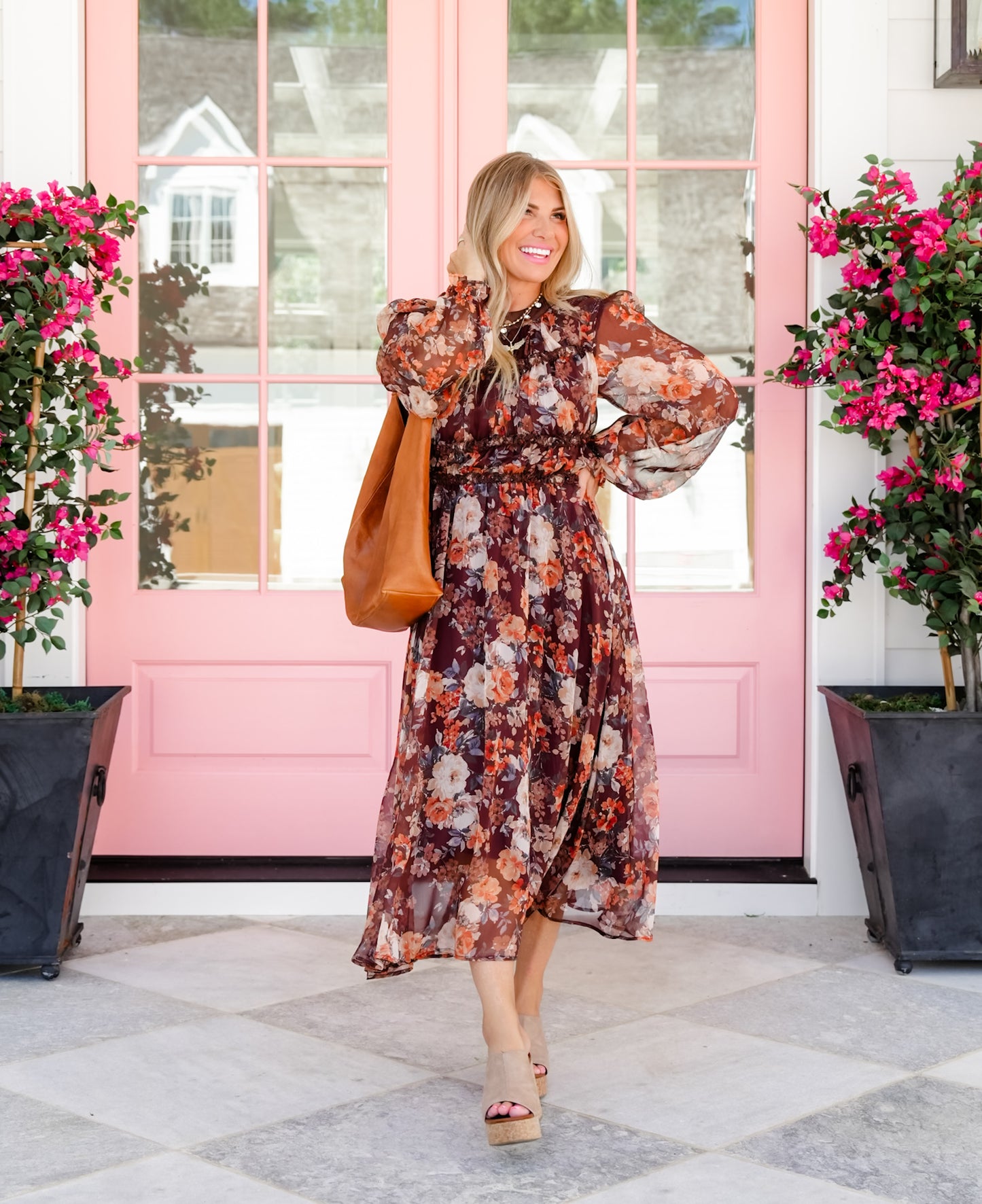 Floral Chiffon Long Sleeve Tiered Midi Dress