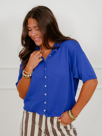 Solid Short Sleeve Button Down Cardigan
