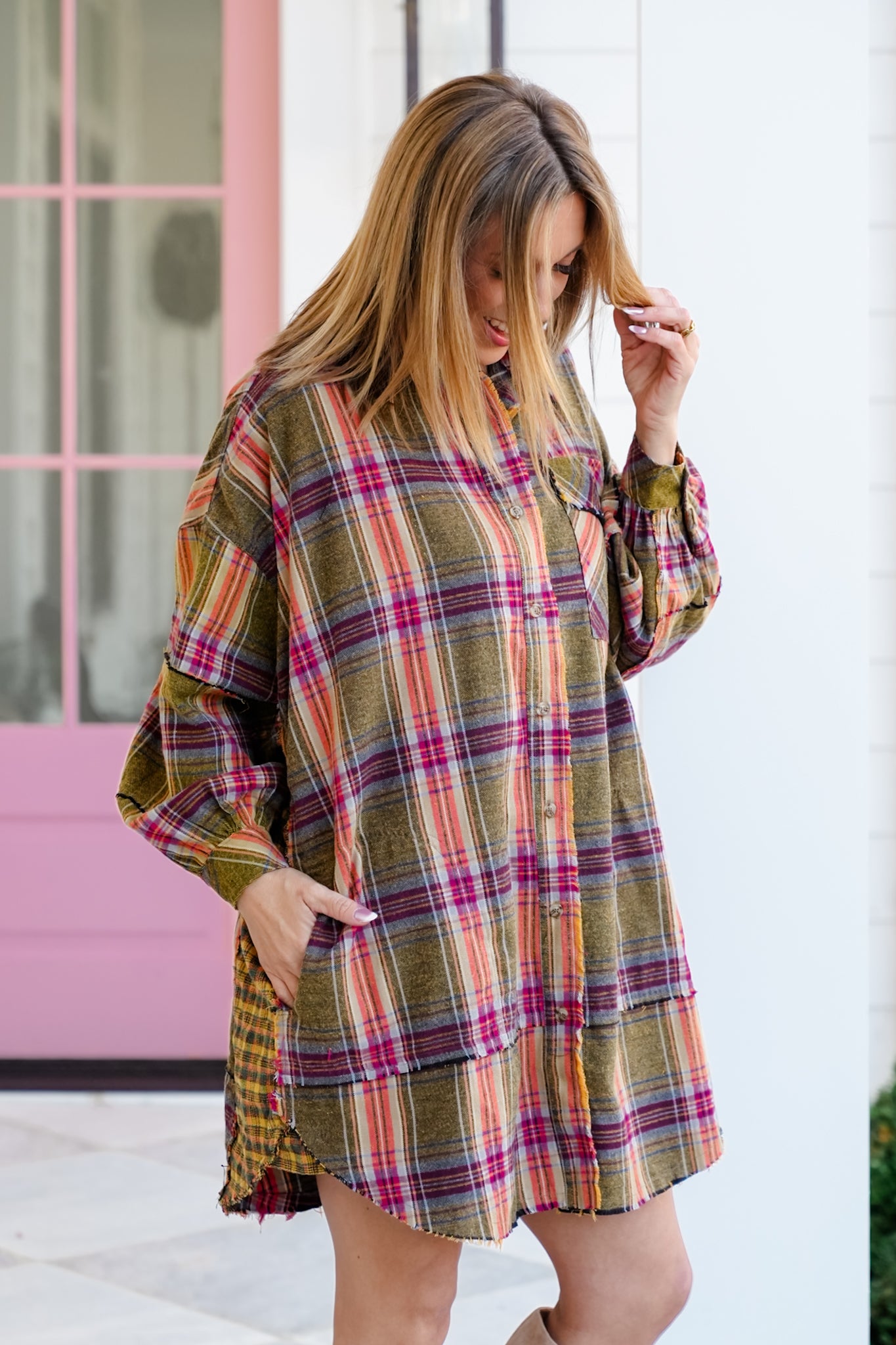 Plaid Long Sleeve Button Down Tunic Dress - Freckled Poppy