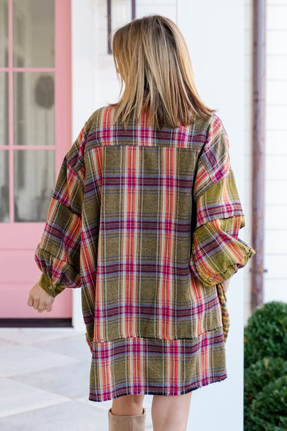 Plaid Long Sleeve Button Down Tunic Dress - Freckled Poppy