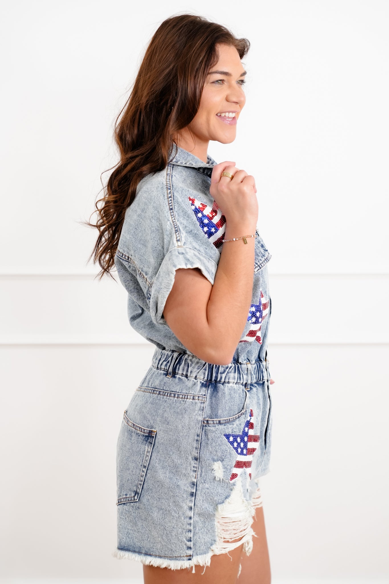 Mineral Wash Short Sleeve Romper with Sequin Star Detail