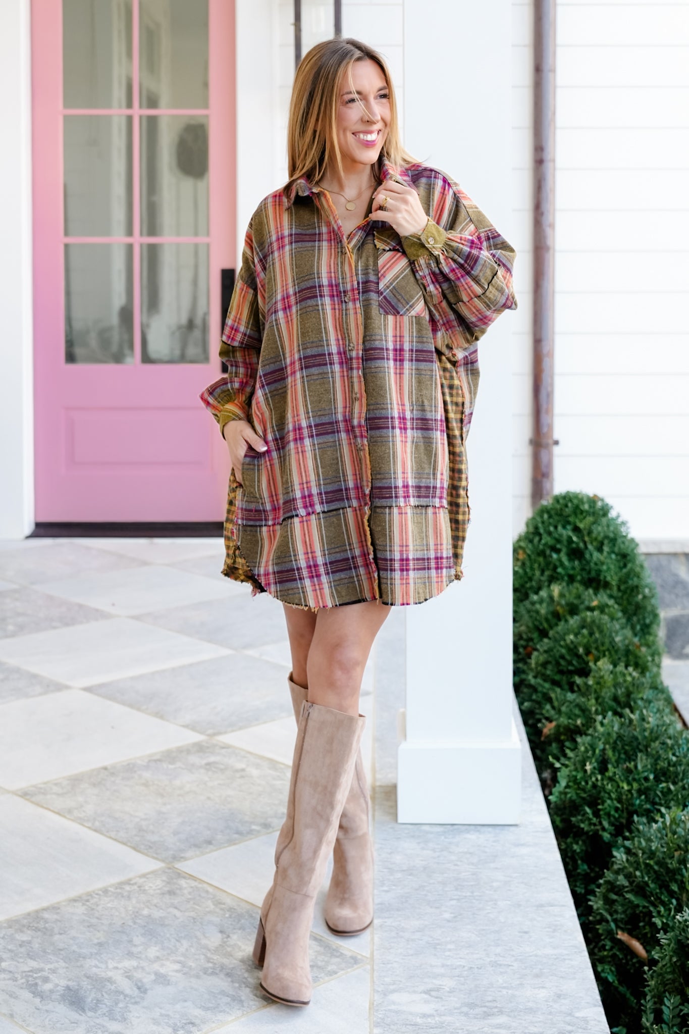Plaid Long Sleeve Button Down Tunic Dress - Freckled Poppy