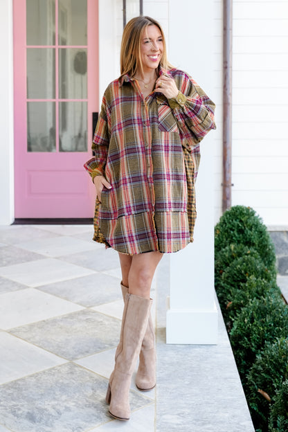Plaid Long Sleeve Button Down Tunic Dress - Freckled Poppy