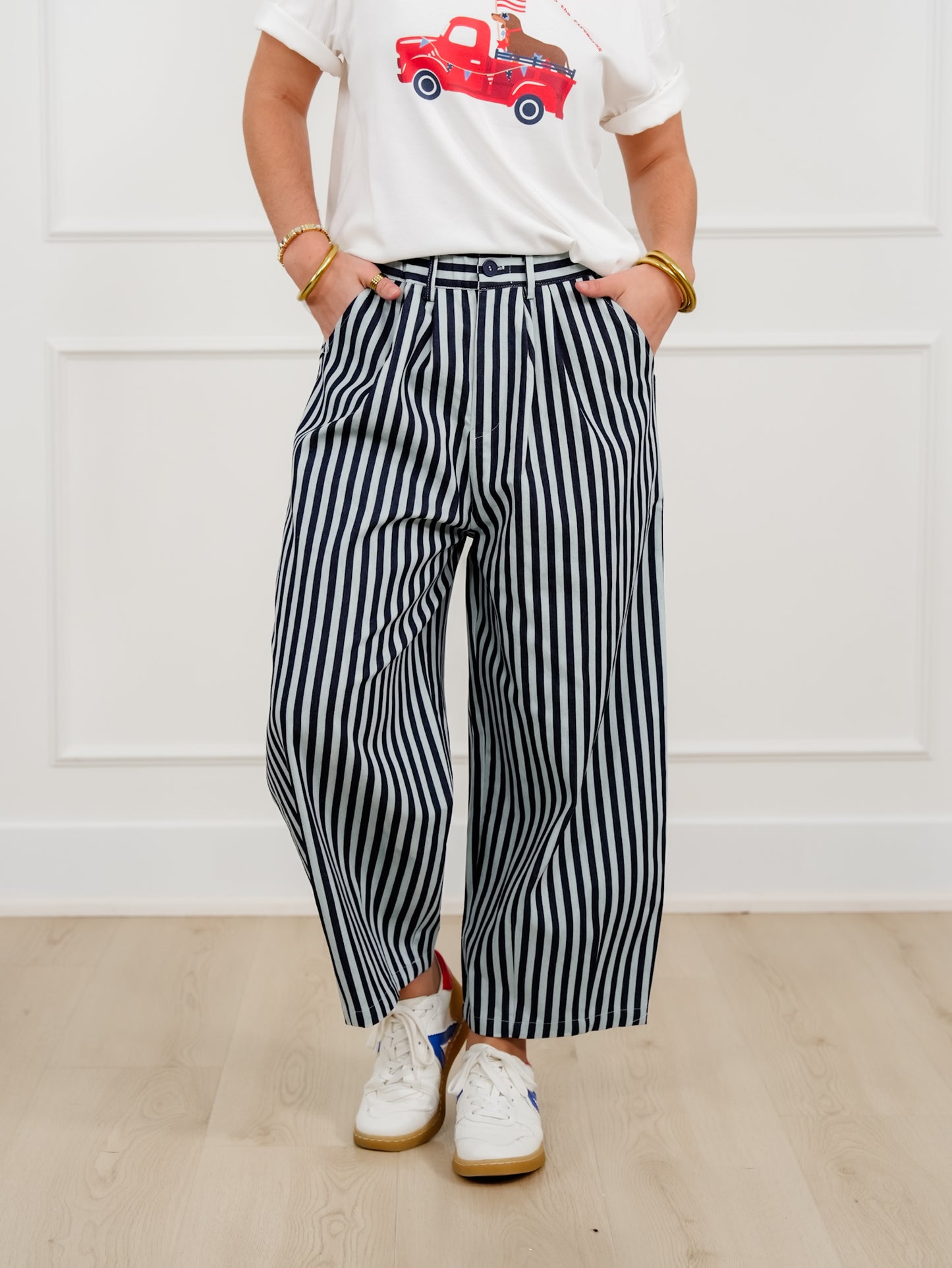 Navy Blue Stripe Elastic Waist Wide Leg Cropped Pants