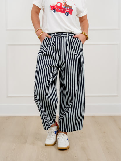 Navy Blue Stripe Elastic Waist Wide Leg Cropped Pants