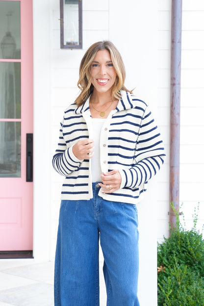 Stripe Long Sleeve Button Down Cardigan with Reverse Seam