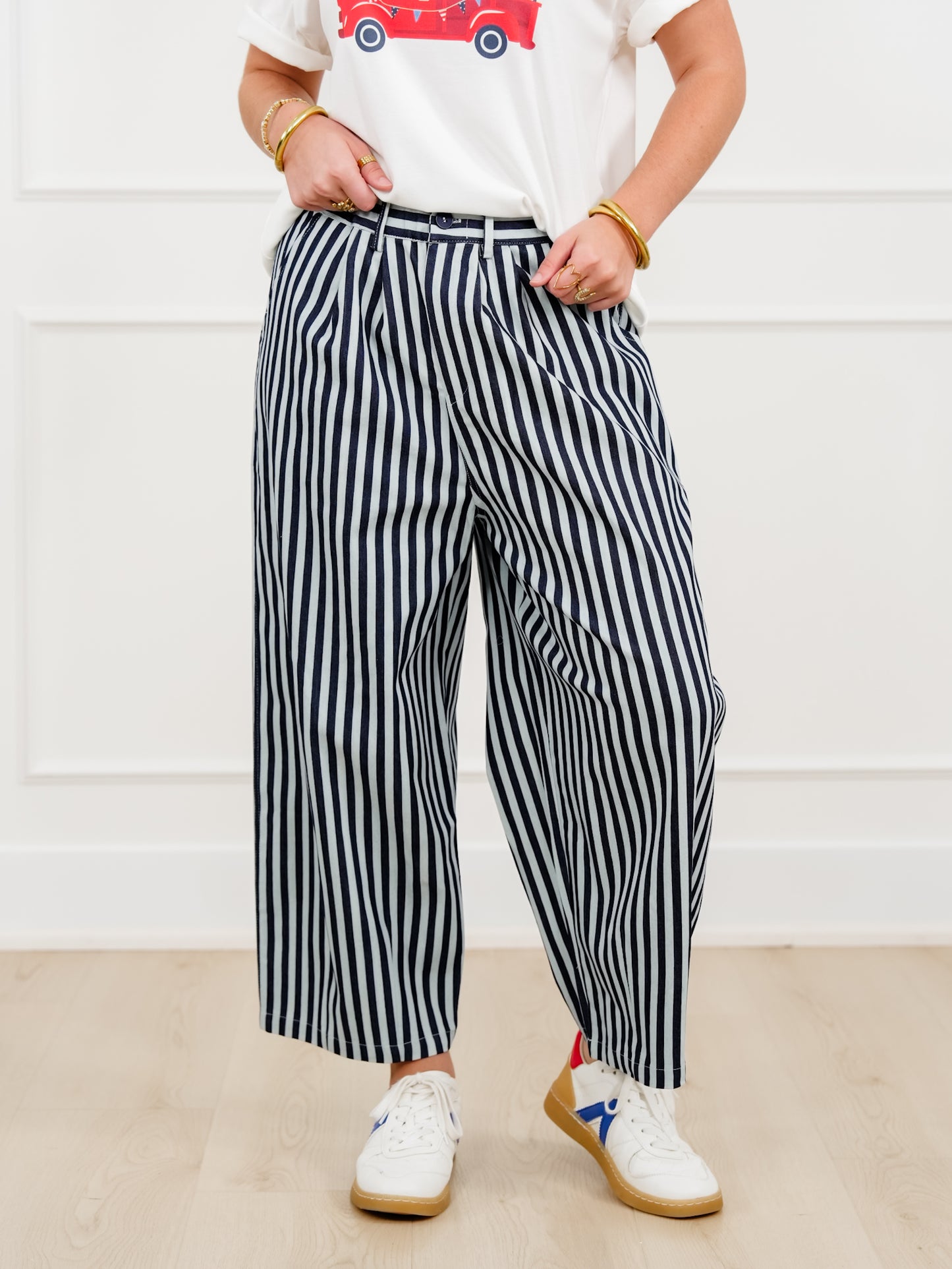 Navy Blue Stripe Elastic Waist Wide Leg Cropped Pants