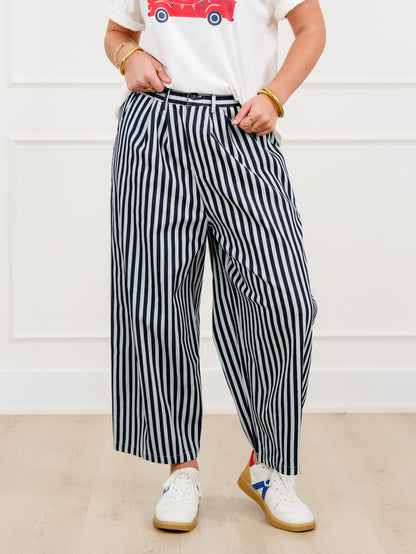 Navy Blue Stripe Elastic Waist Wide Leg Cropped Pants