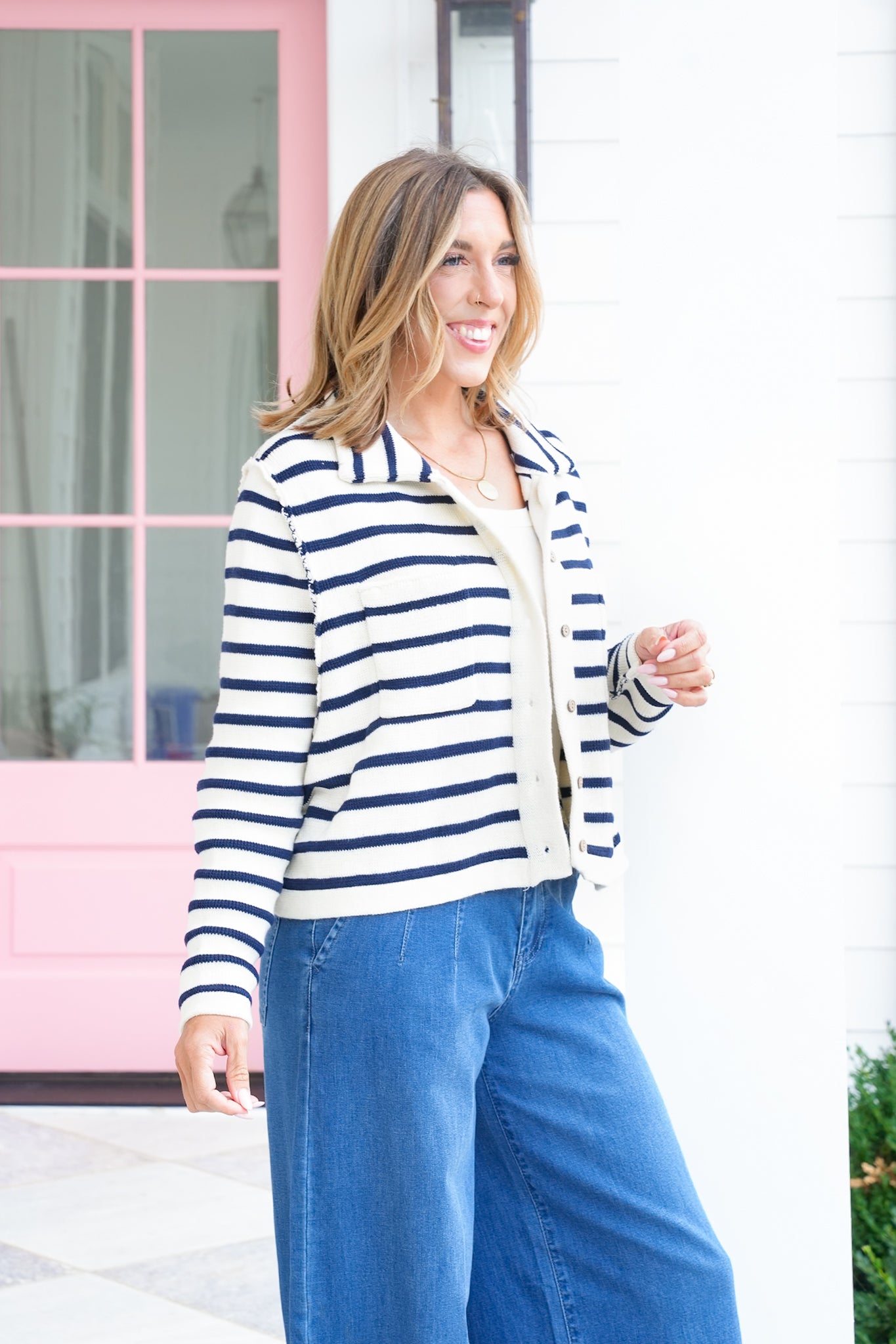 Stripe Long Sleeve Button Down Cardigan with Reverse Seam