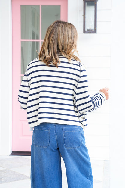 Stripe Long Sleeve Button Down Cardigan with Reverse Seam